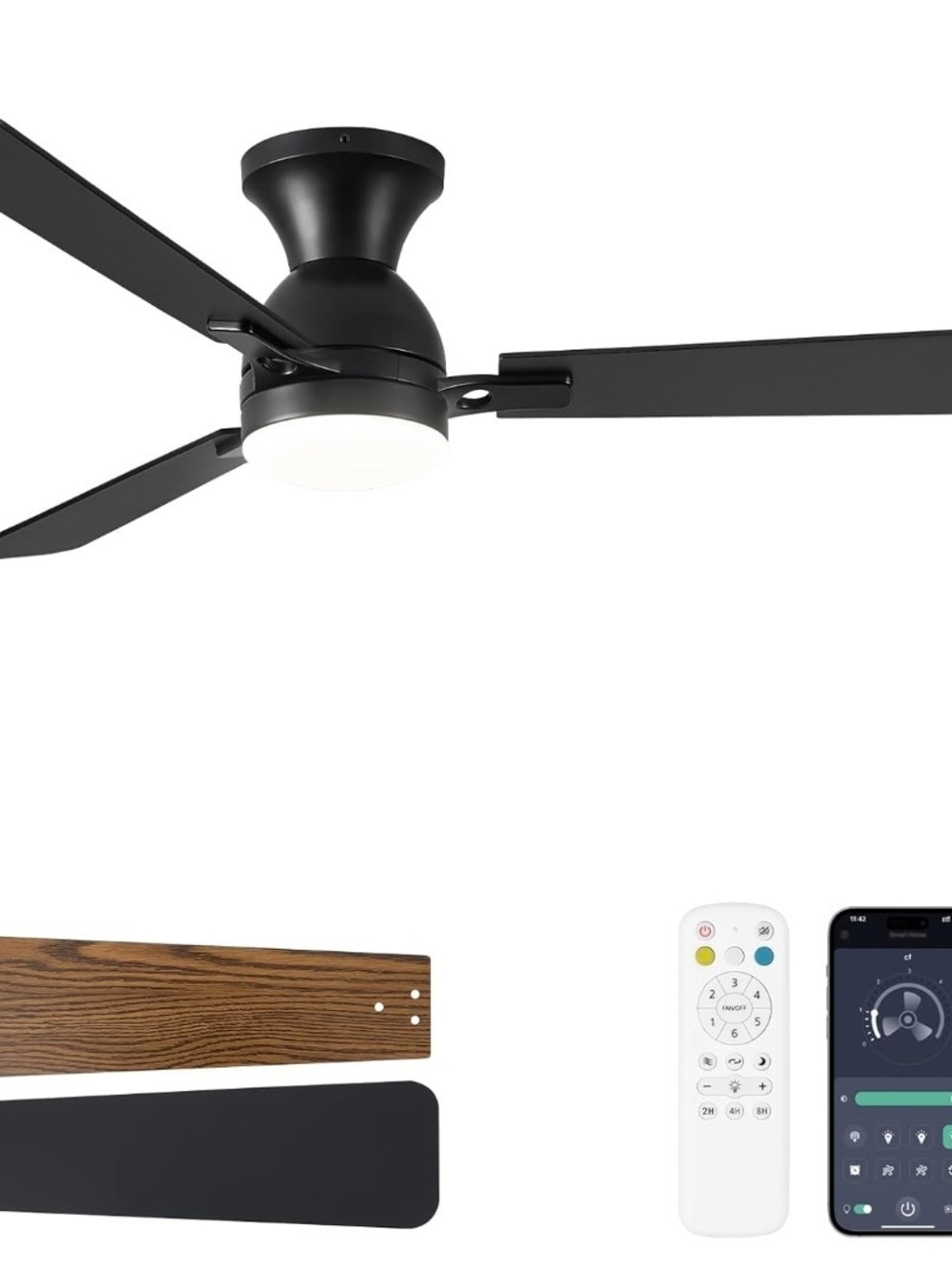 52" Low Profile Ceiling Fan Light Remote App Dimmable Reversible Black Walnut